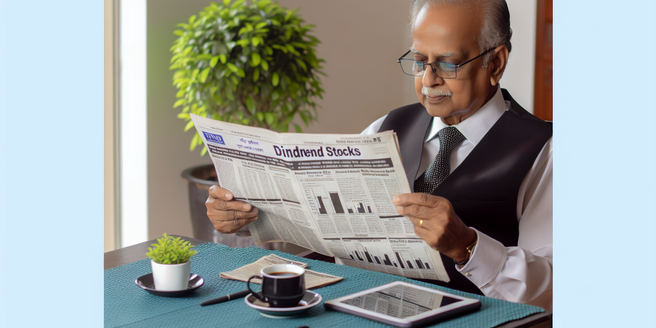 A senior investor reading a financial newspaper with the headline Dividend Stocks