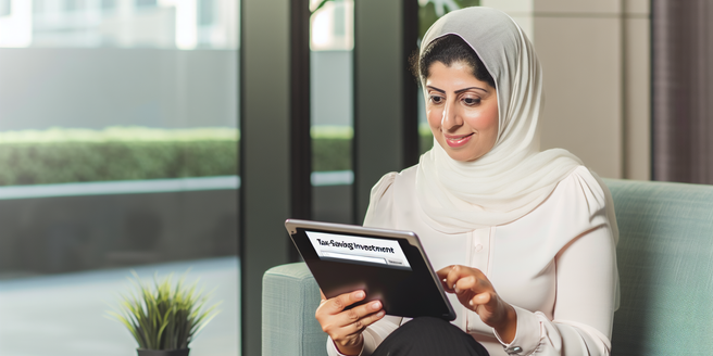 A woman navigating a taxsaving investment website on her tablet.