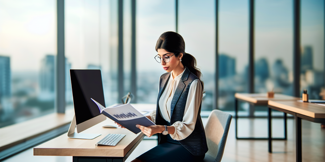 A young professional reading a finance manual in a contemporary office