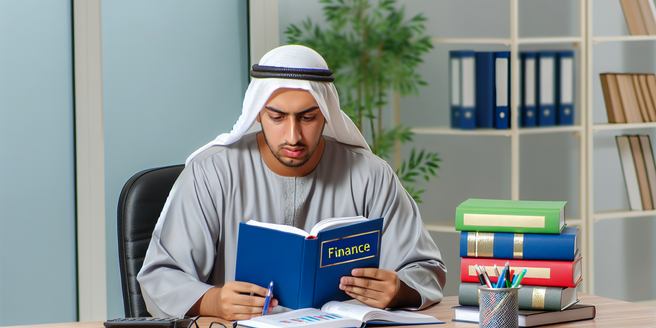 An image of a man diligently studying finance books