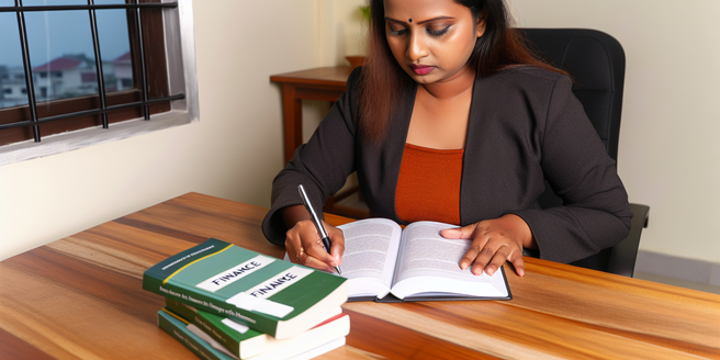 An individual studying finance books on a desk